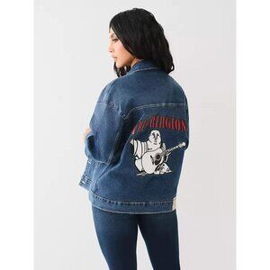 NEW True Religion Women's XL Printed Oversized Denim Jacket NWT $179